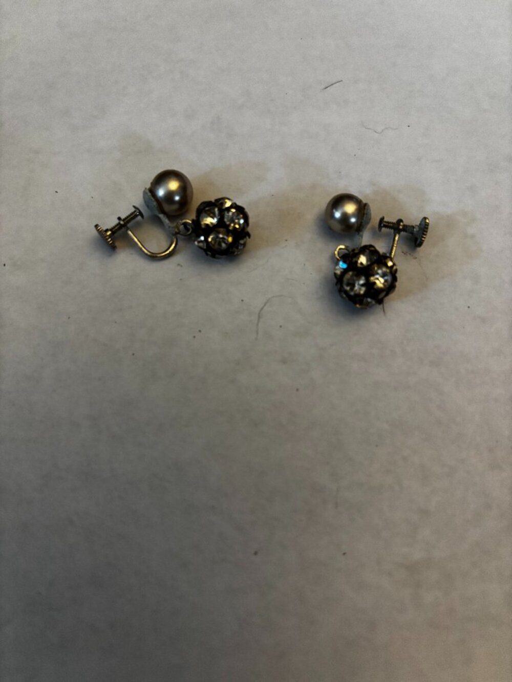 Screw back clip earrings silver tone pearl rhinestones ball dangles